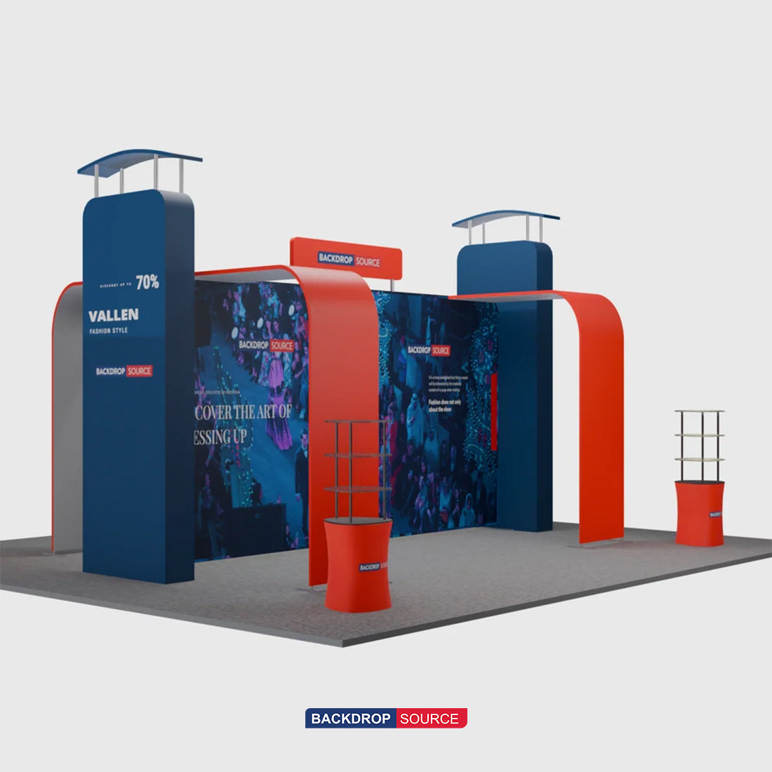 6x6m Booth Kit with 3D Media Walls, Arch Displays & 3 Counters