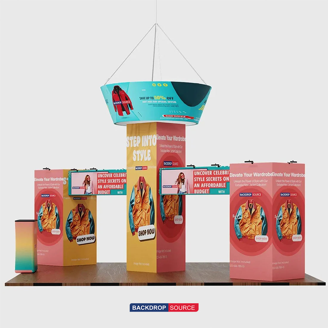 9x6m Cubic Tower Booth Kit with Hanging Banner & 2 Counters