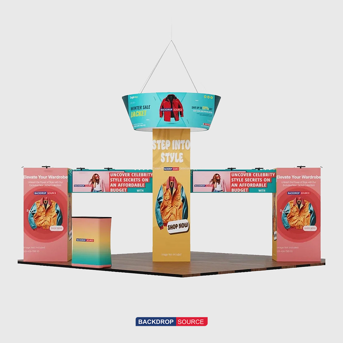 9x6m Cubic Tower Booth Kit with Hanging Banner & 2 Counters