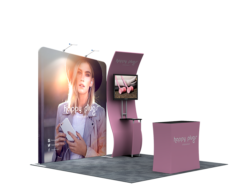 3x3m Booth Kit with S-Curve Panel & Inclined Wall, Counter & TV