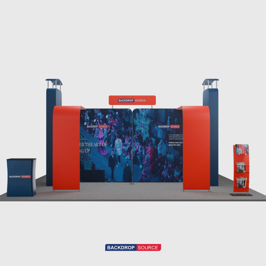 6x6m Booth Kit with 3D Media Walls, Arch Displays & 3 Counters