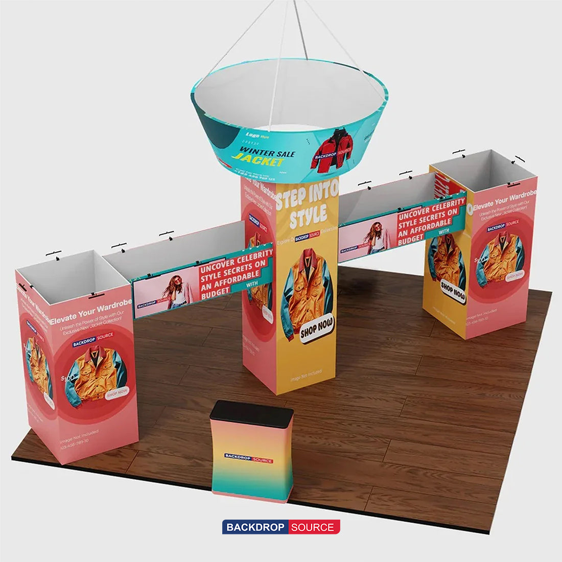 9x6m Cubic Tower Booth Kit with Hanging Banner & 2 Counters