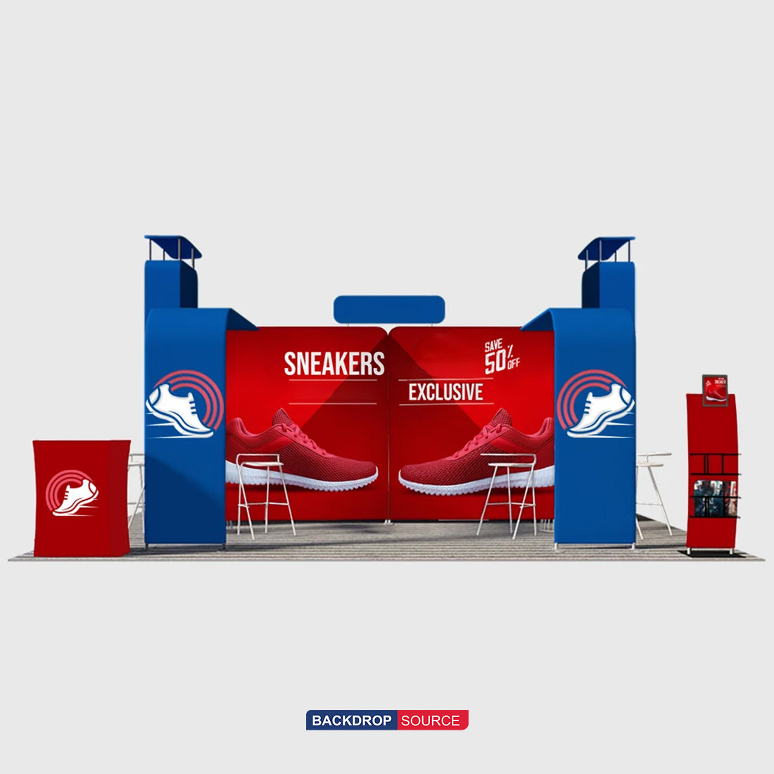 6x6m Booth Kit with 3D Media Walls, Arch Displays & 3 Counters