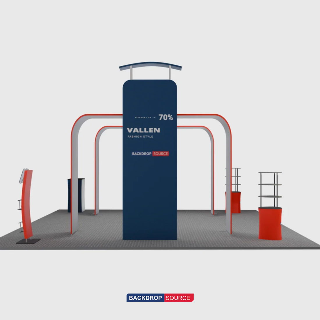 6x6m Booth Kit with 3D Media Walls, Arch Displays & 3 Counters