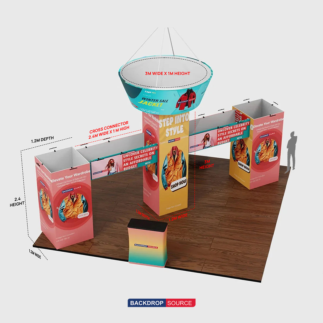 9x6m Cubic Tower Booth Kit with Hanging Banner & 2 Counters