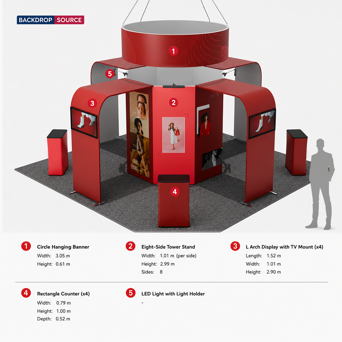 6x6m Island Booth with Circular Banner, TV Arches & 4 Counters