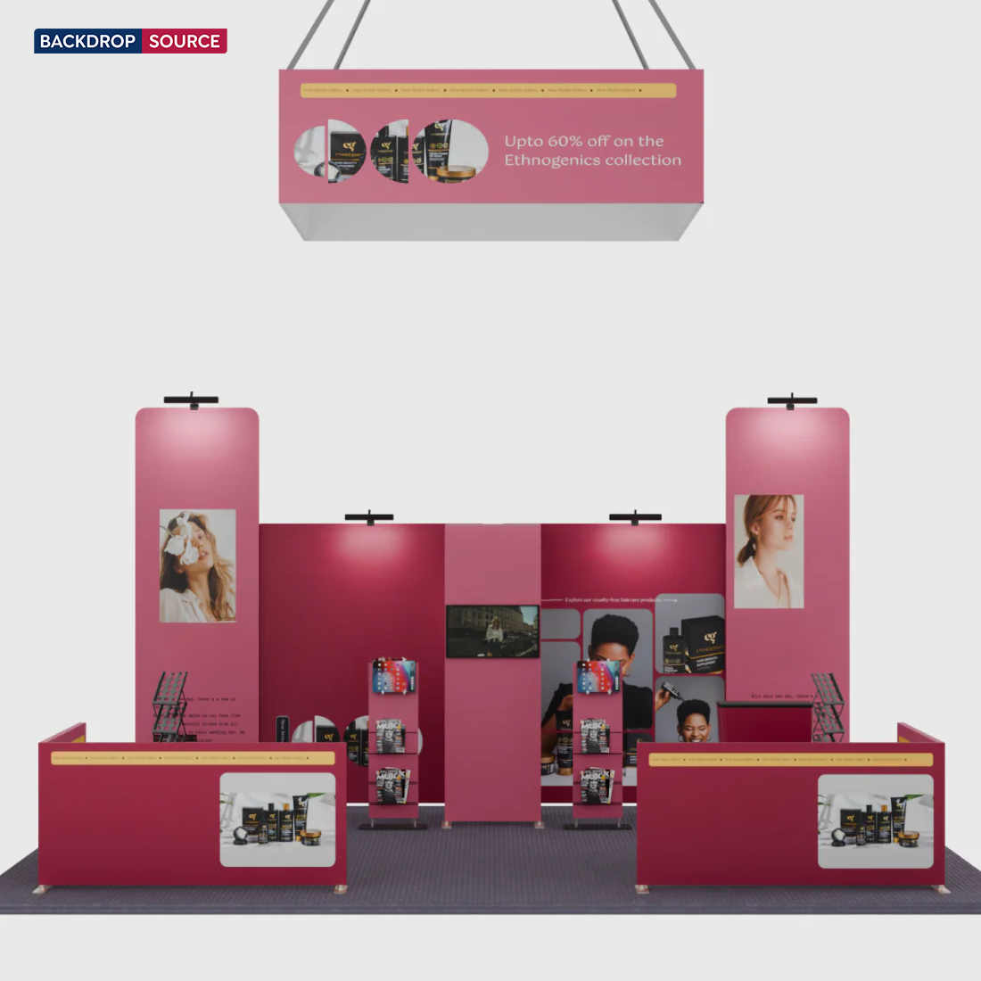6x6m Booth Kit with Tension Walls, TV Arch & Brochure Stands