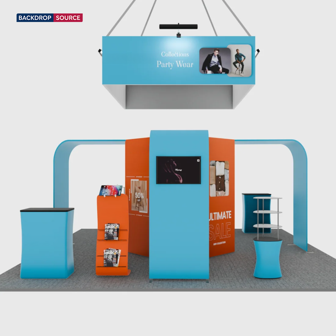 6x6m Island Booth with 8-Sided Tower, TV Arches & iPad Stands