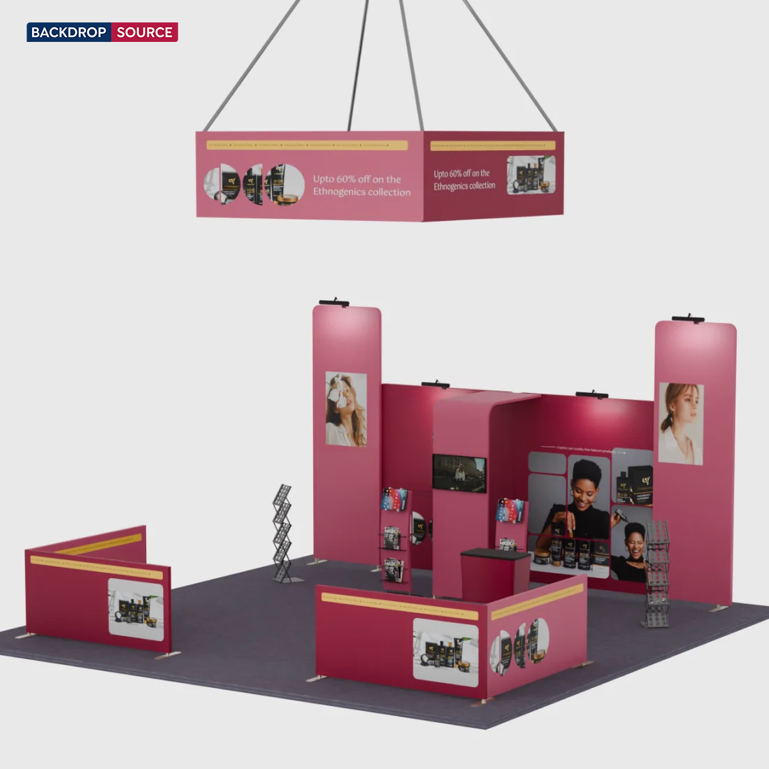 6x6m Booth Kit with Tension Walls, TV Arch & Brochure Stands