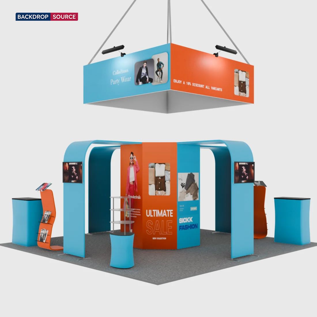 6x6m Island Booth with 8-Sided Tower, TV Arches & iPad Stands
