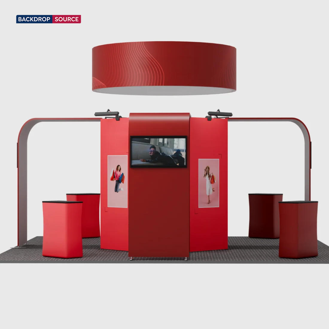 6x6m Island Booth with Circular Banner, TV Arches & 4 Counters