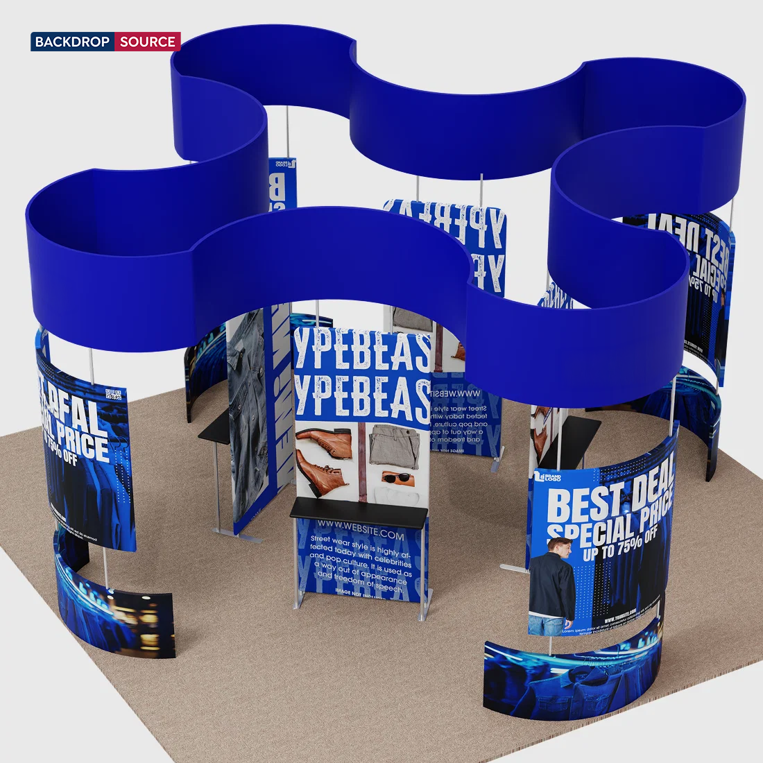 6x6m Island Booth with Curved Wall Panels & Display Shelving