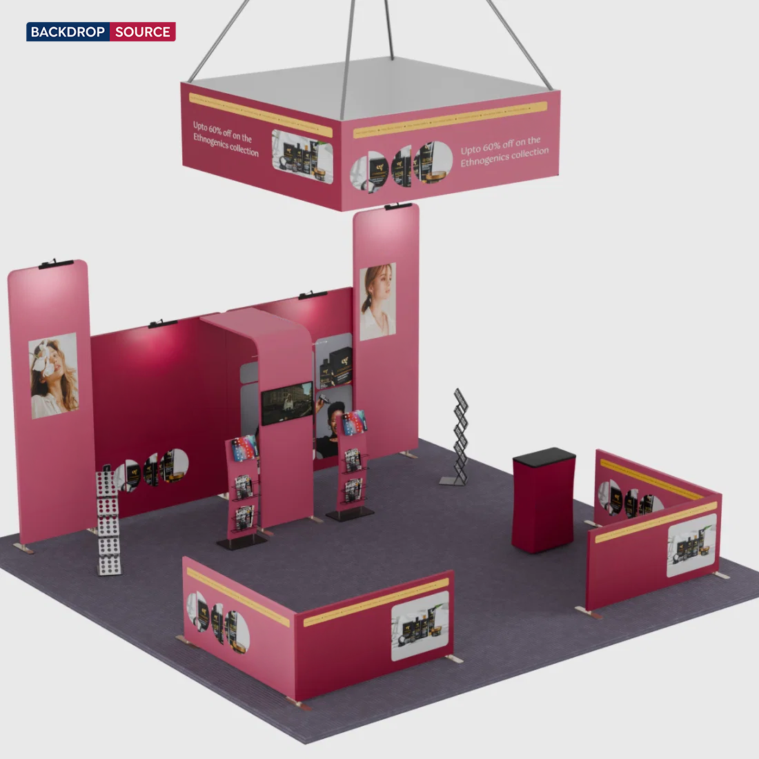 6x6m Booth Kit with Tension Walls, TV Arch & Brochure Stands