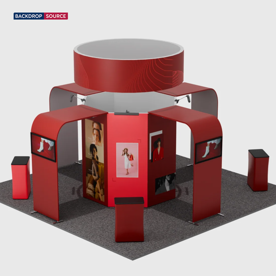 6x6m Island Booth with Circular Banner, TV Arches & 4 Counters