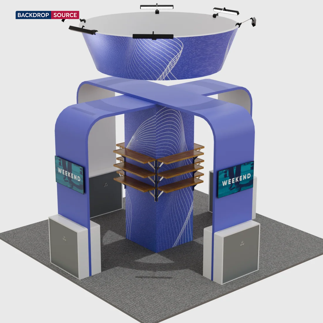 6x6m Island Booth with TV Arches, Cubic Tower & 12 Shelves