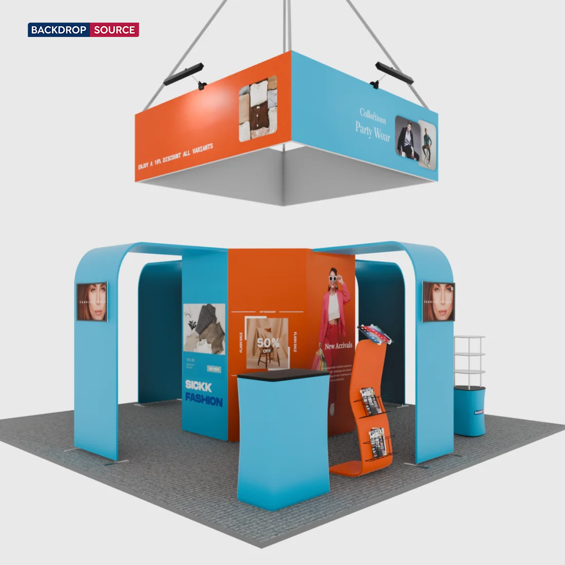 6x6m Island Booth with 8-Sided Tower, TV Arches & iPad Stands