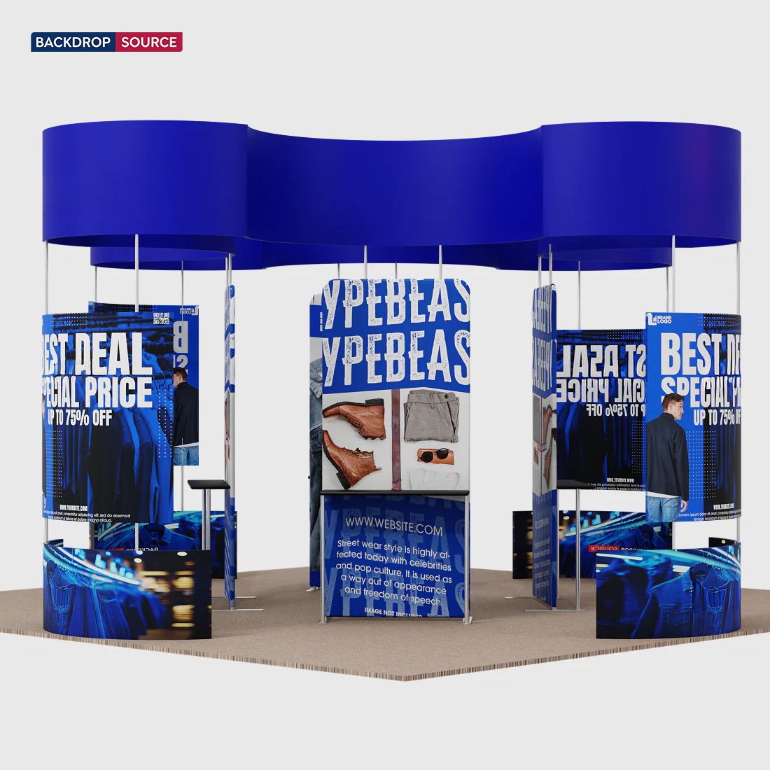 6x6m Island Booth with Curved Wall Panels & Display Shelving
