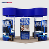 6x6m Island Booth with Curved Wall Panels & Display Shelving