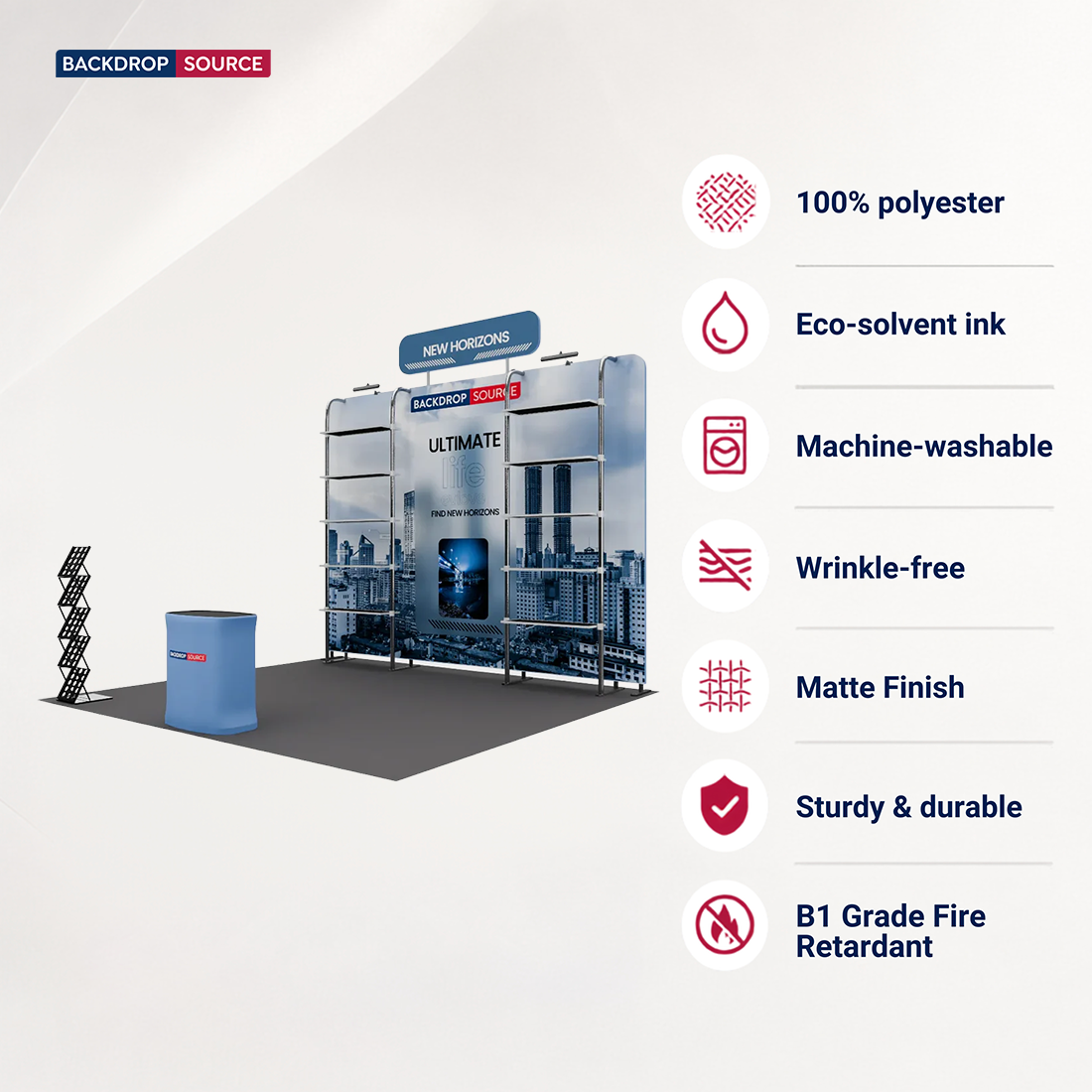 3x3m Booth Kit with Pegboard Shelving, Header & Counter