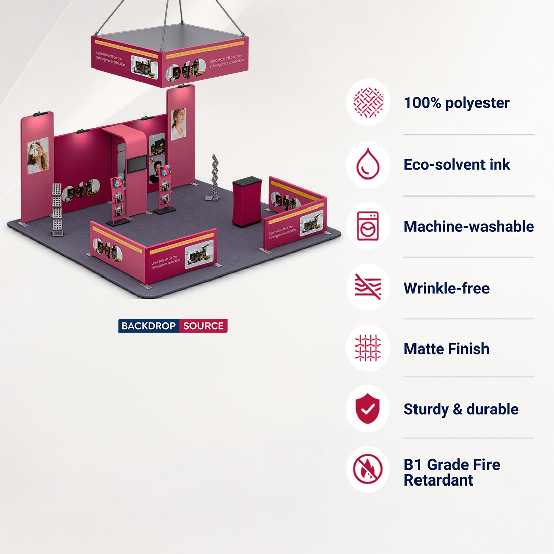 6x6m Booth Kit with Tension Walls, TV Arch & Brochure Stands