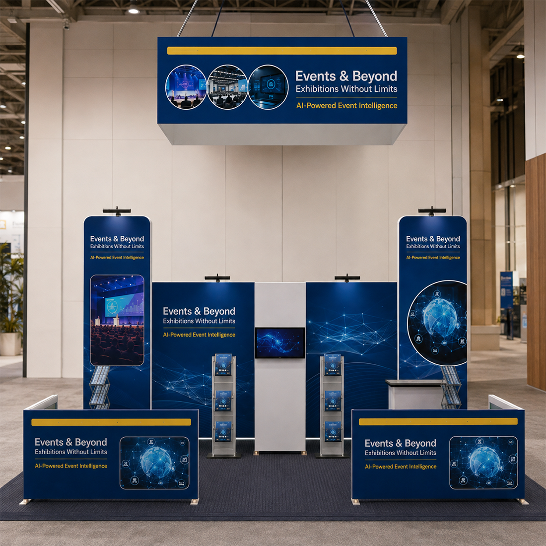 6x6m Booth Kit with Tension Walls, TV Arch & Brochure Stands