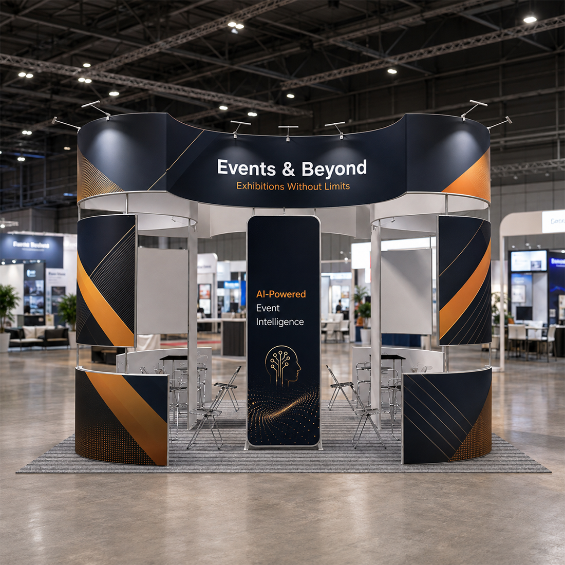 6x6m Island Booth with Curved Wall Panels & Display Shelving