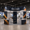 6x6m Island Booth with Curved Wall Panels & Display Shelving