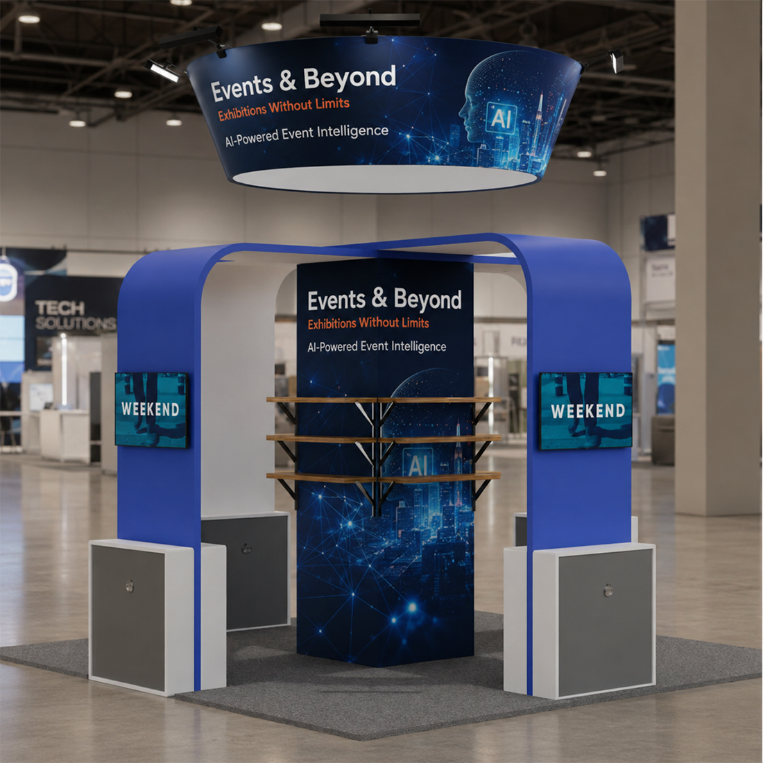 6x6m Island Booth with TV Arches, Cubic Tower & 12 Shelves
