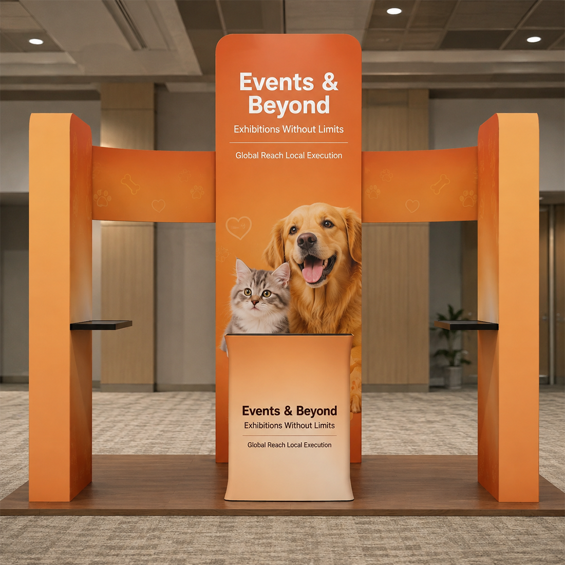 6x6m Booth Kit with 3D Wall Boxes, Curved Panels & Counter