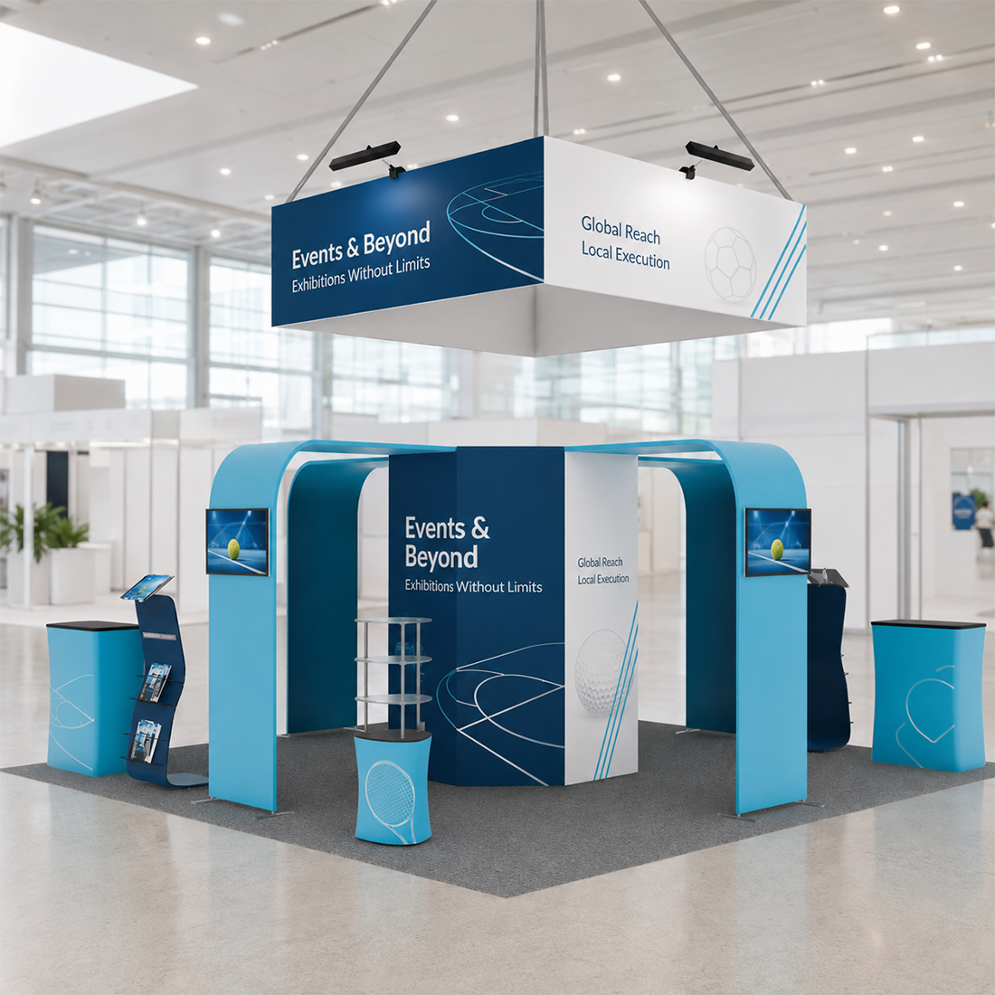 6x6m Island Booth with 8-Sided Tower, TV Arches & iPad Stands