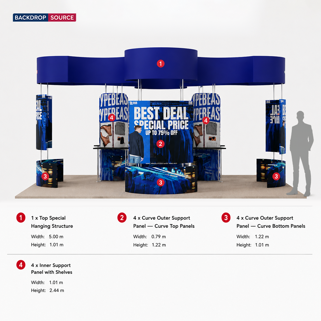 6x6m Island Booth with Curved Wall Panels & Display Shelving