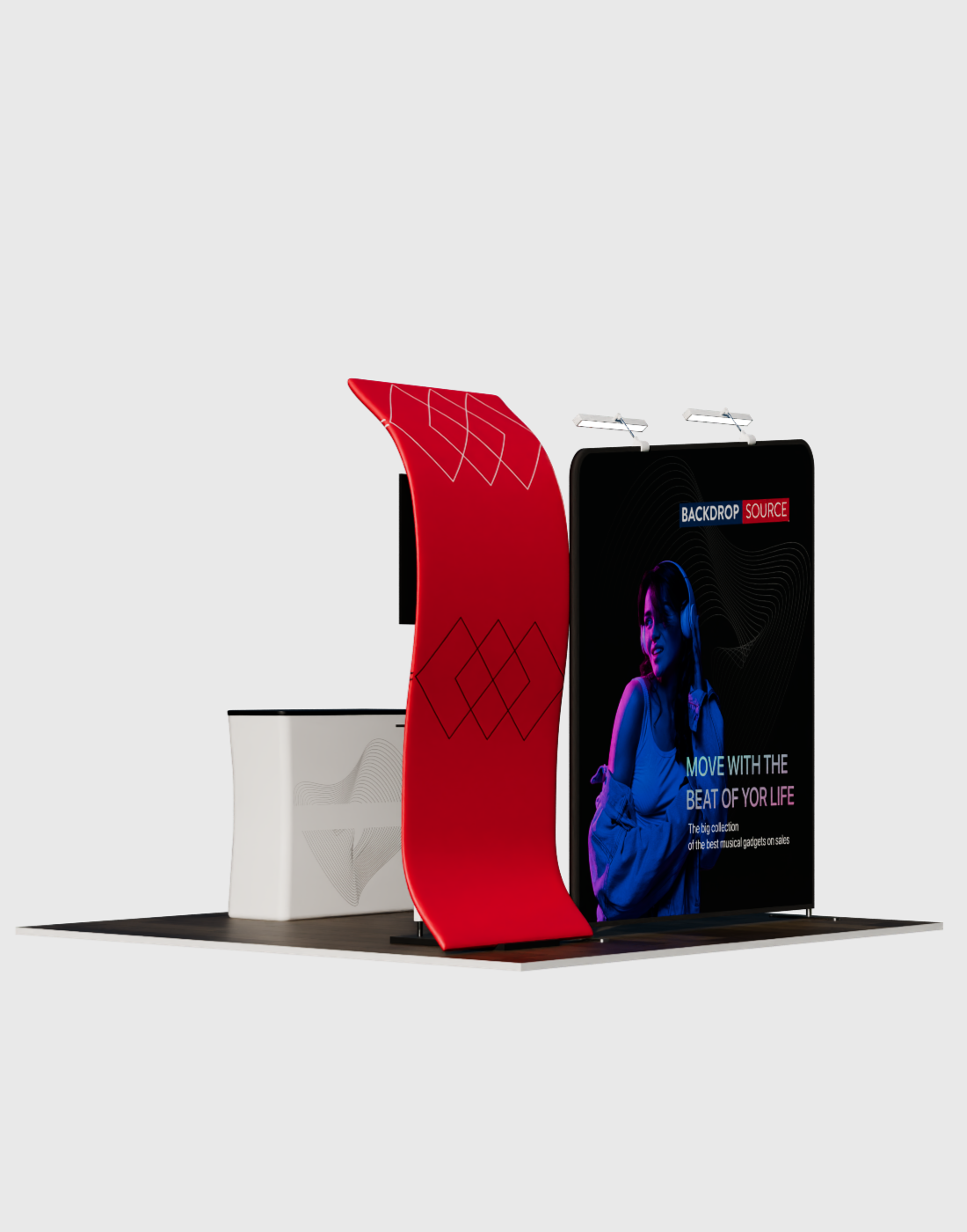 3x3m Booth Kit with S-Curve Panel & Inclined Wall, Counter & TV