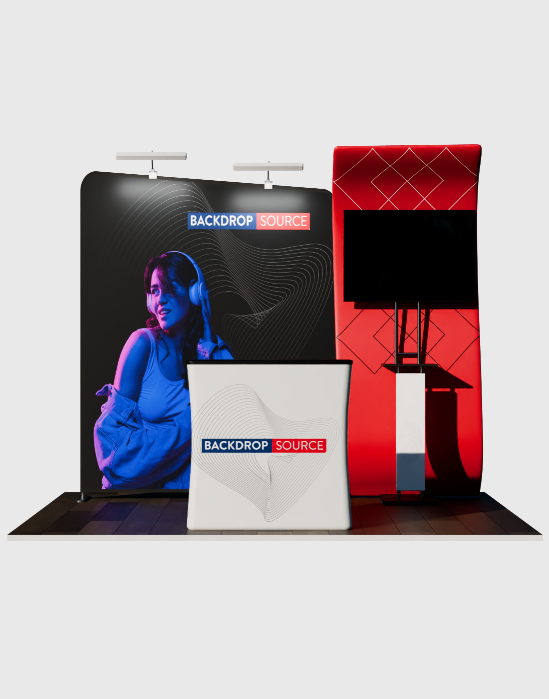 3x3m Booth Kit with S-Curve Panel & Inclined Wall, Counter & TV