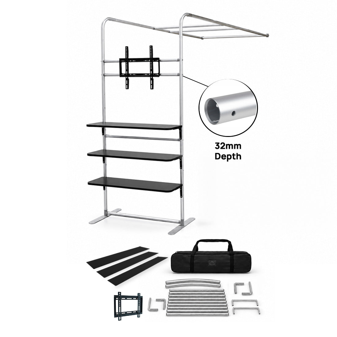 L-Shaped Display Shelf & TV Rack (L arch frame with shelves & TV mount) - included in Magnetic Fabric Banner Stand Exhibition Kit