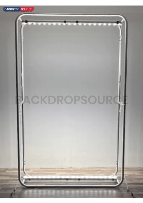 L-Shaped Illuminated Media Wall Set with Counters for 3m x 3m Booths.