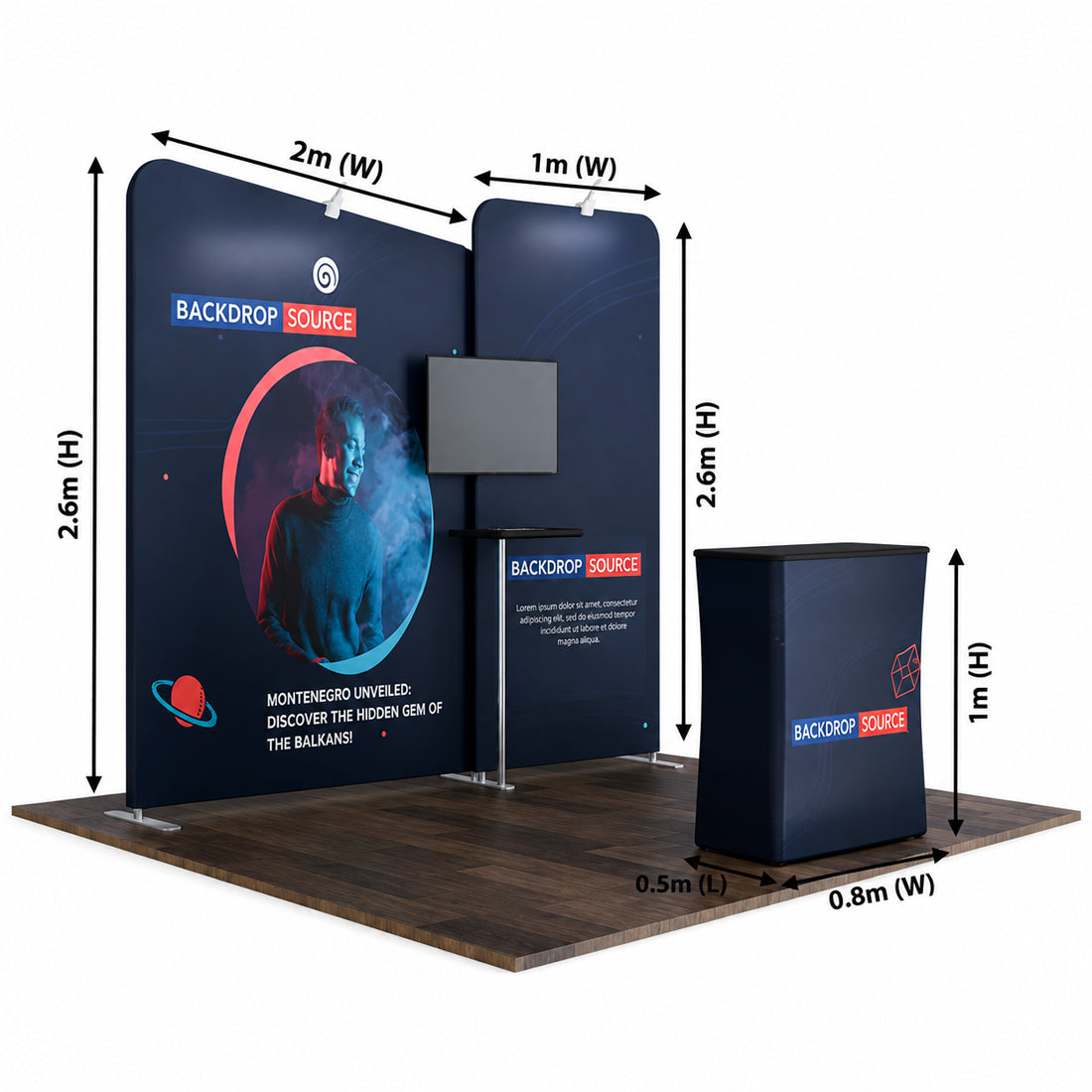 3x3m Booth Kit with Straight & Inclined Walls, Counter & TV Mount