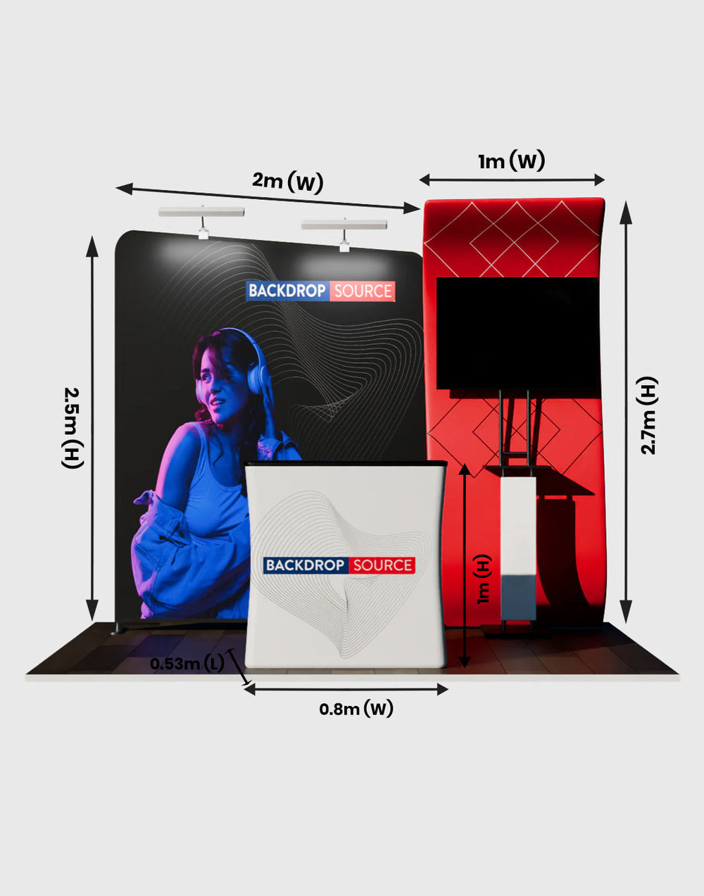 3x3m Booth Kit with S-Curve Panel & Inclined Wall, Counter & TV
