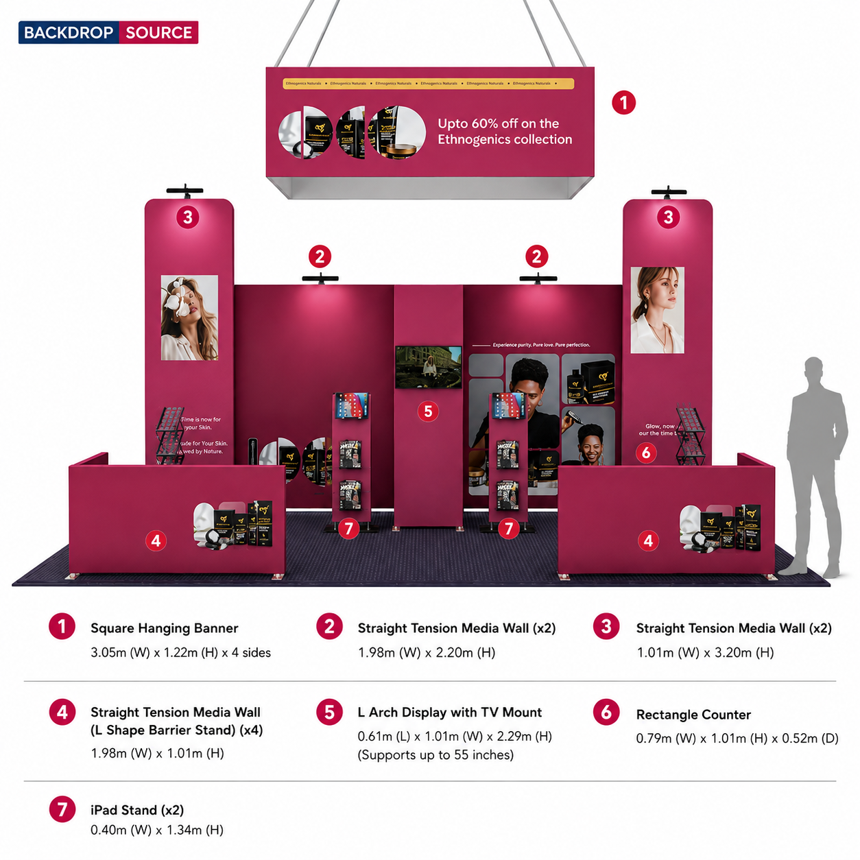 6x6m Booth Kit with Tension Walls, TV Arch & Brochure Stands
