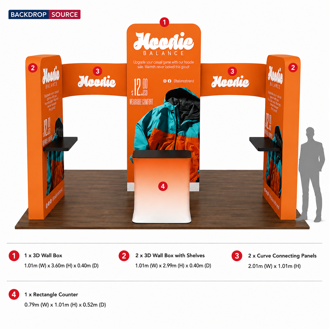 6x6m Booth Kit with 3D Wall Boxes, Curved Panels & Counter
