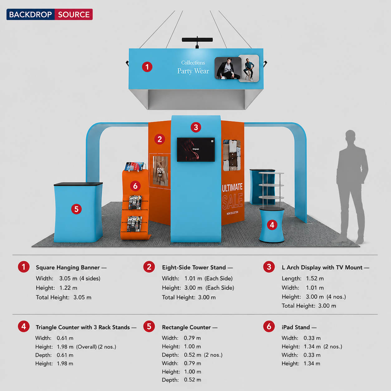 6x6m Island Booth with 8-Sided Tower, TV Arches & iPad Stands