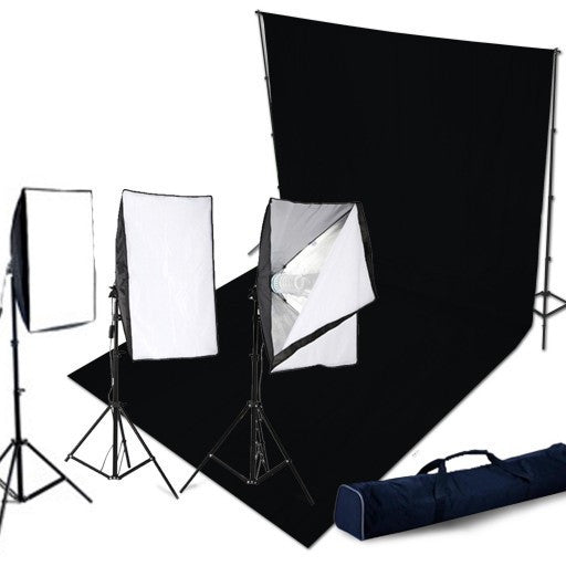 Three Head 750W Continuous Softbox Kit with Studio Backdrop