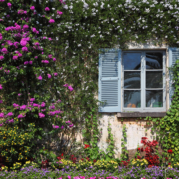 Wall and window with flowers in decorative park on island Izola Bella Backdrop - Backdropsource