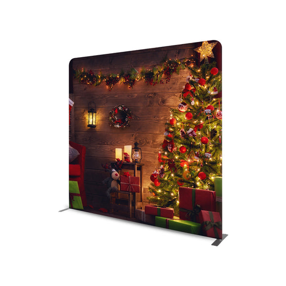 CHRISTMAS TREE WITH WOODEN BACKGROUND STRAIGHT TENSION FABRIC MEDIA WALL - Backdropsource