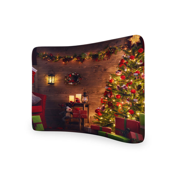 Living Room Decorated for Christmas CURVED TENSION FABRIC MEDIA WALL - Backdropsource