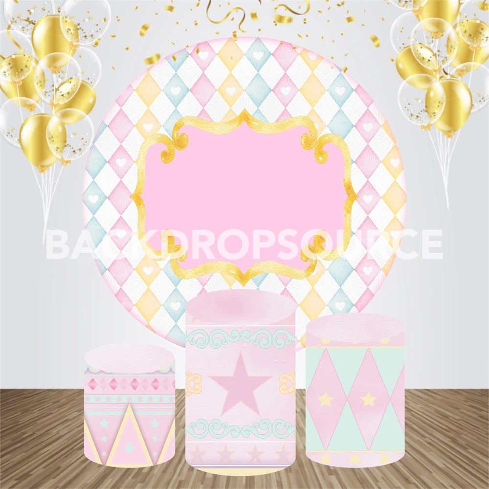 Pink and Blue Pattern Event Party Round Backdrop Kit - Backdropsource