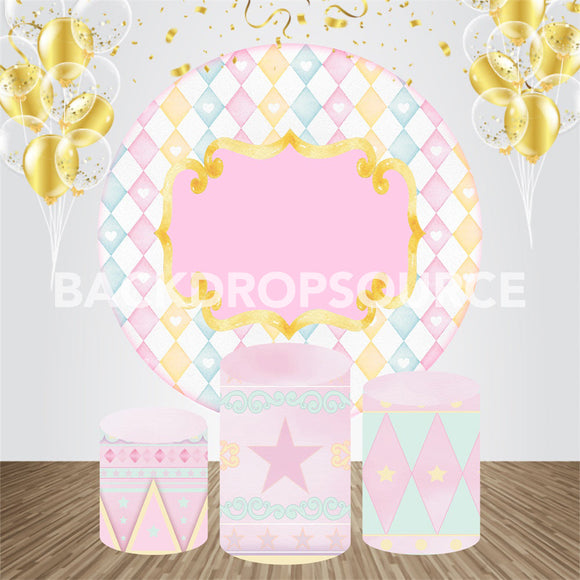 Pink and Blue Pattern Event Party Round Backdrop Kit - Backdropsource