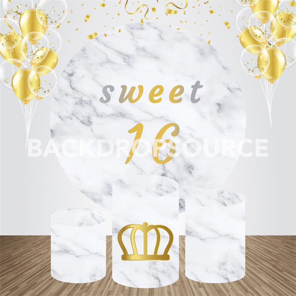 White Themed Sweet Sixteen Event Party Round Backdrop Kit - Backdropsource