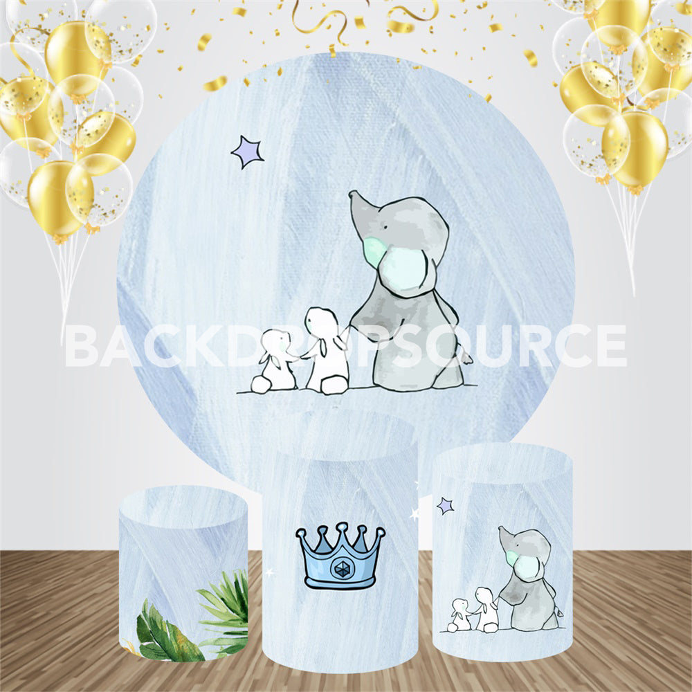 Cute Bunnies With Elephant Themed Event Party Round Backdrop Kit - Backdropsource