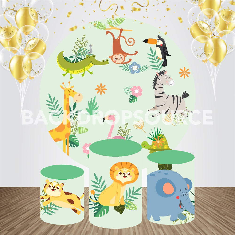 Cartoon Animals Themed Birthday Event Party Round Backdrop Kit - Backdropsource