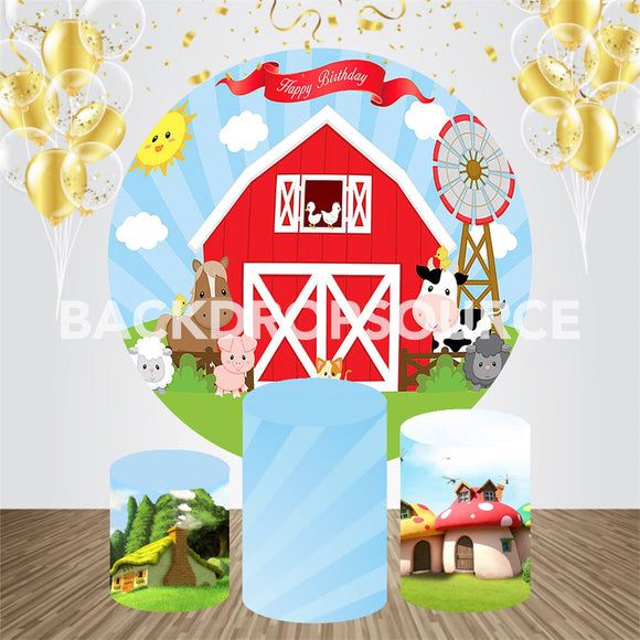 Cartoon Farm With Animals Themed Birthday Event Party Round Backdrop Kit - Backdropsource